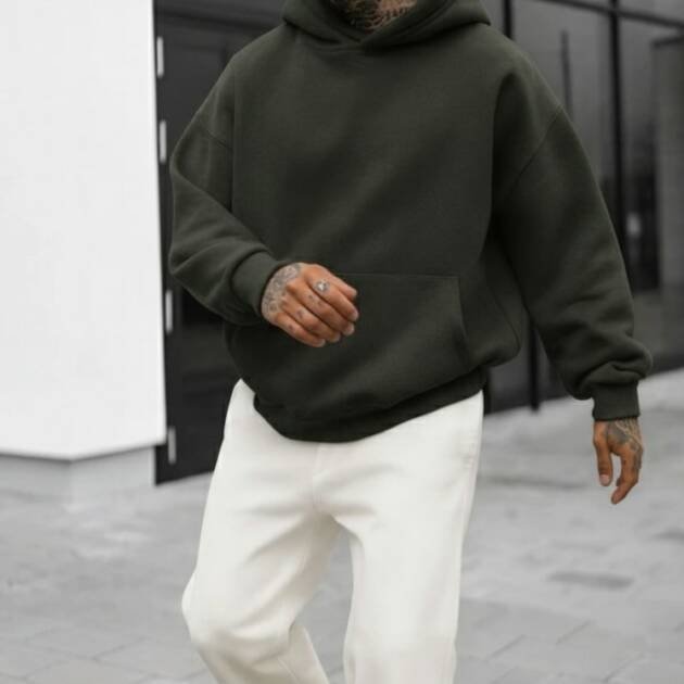 Heavyweight Men’s Hoodie in Dark Green – Relaxed Oversized Fit