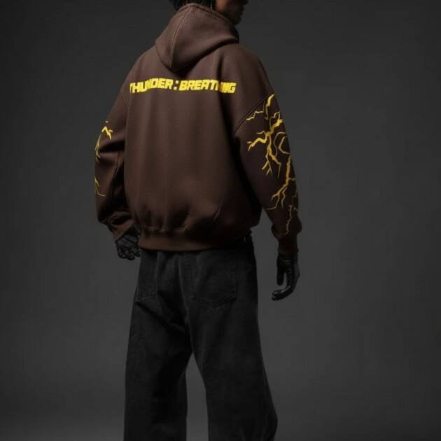 Thunder Breathing Brown Hoodie – Oversized Lightning Graphic Pullover