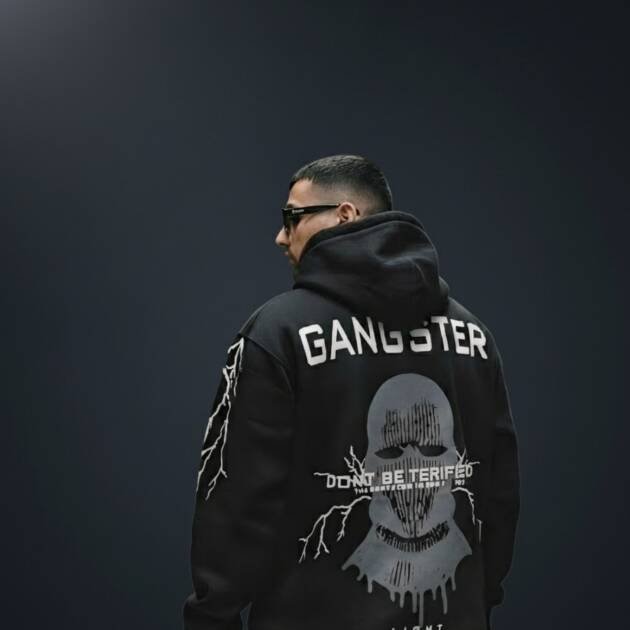 Gangster Black Hoodie – Bold Lightning Design Streetwear for Men