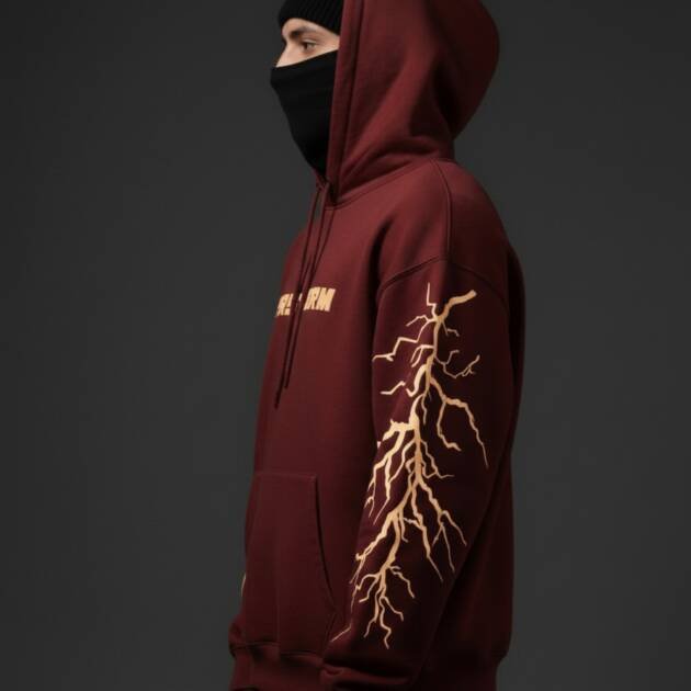 Thunder Breathing Hoodie in Maroon – Oversized Streetwear Lightning Print