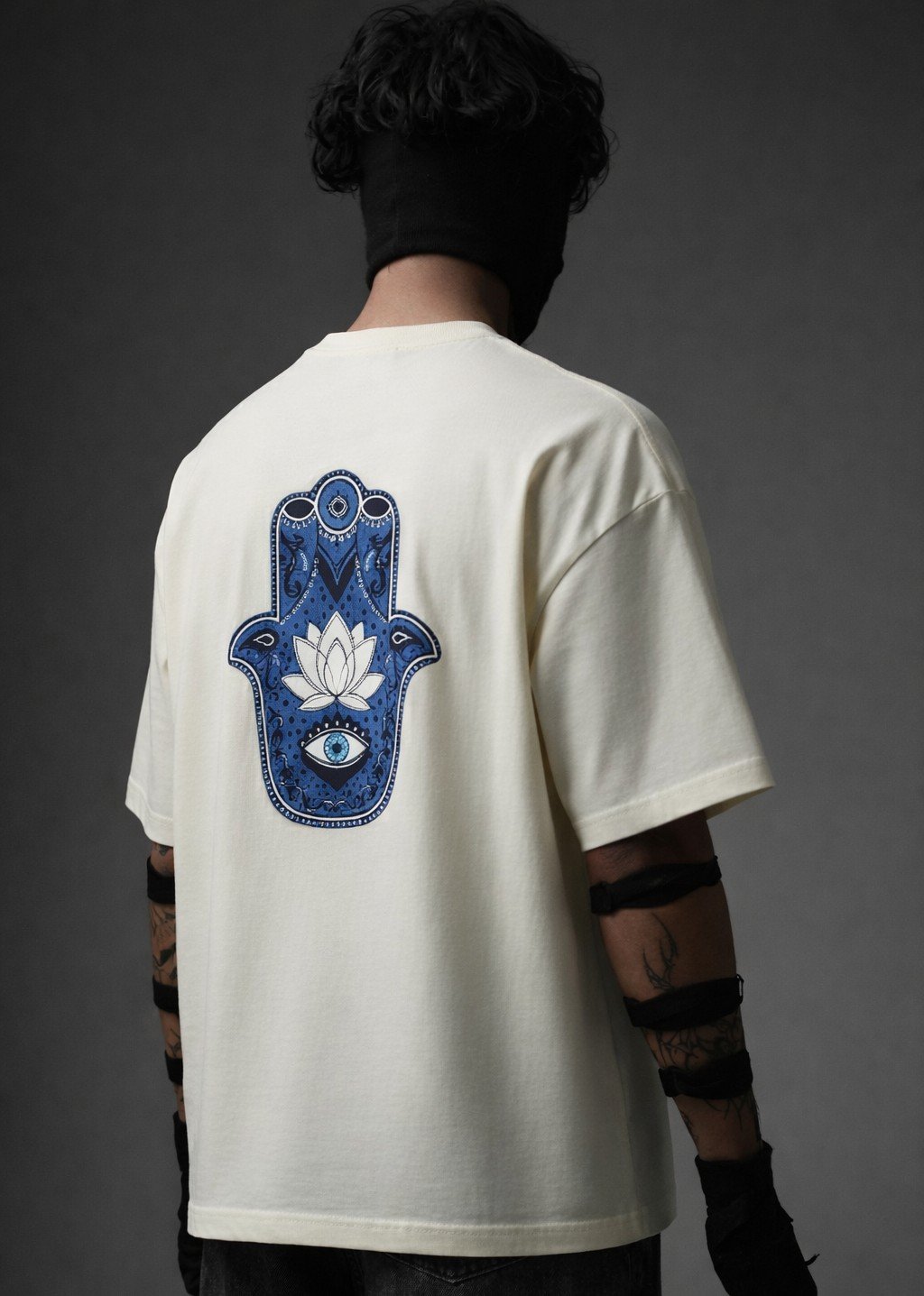 Unisex Oversized Hamsa Hand Evil Eye Lotus Graphic T-Shirt – Off-White - Image 5