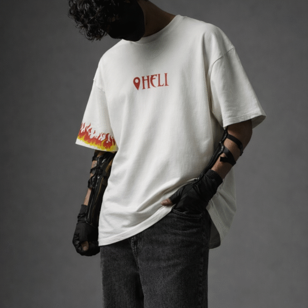 HELI Fire Sleeve Graphic T-Shirt | Oversized Unisex Streetwear Tee