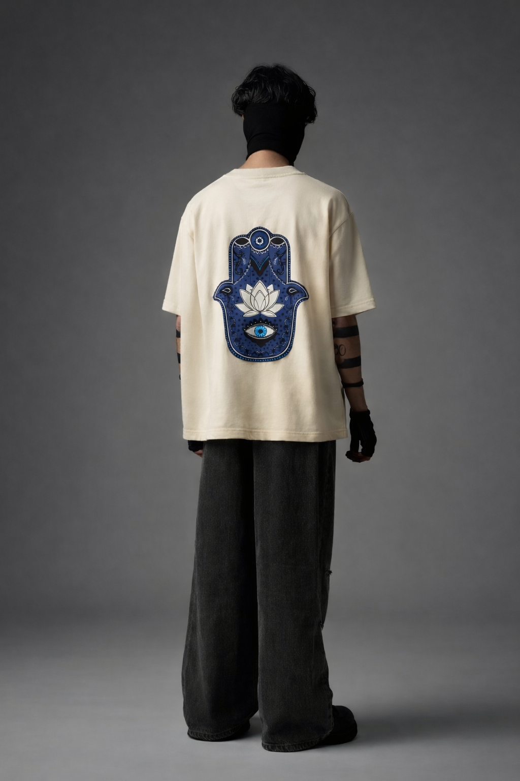 Unisex Oversized Hamsa Hand Evil Eye Lotus Graphic T-Shirt – Off-White - Image 3