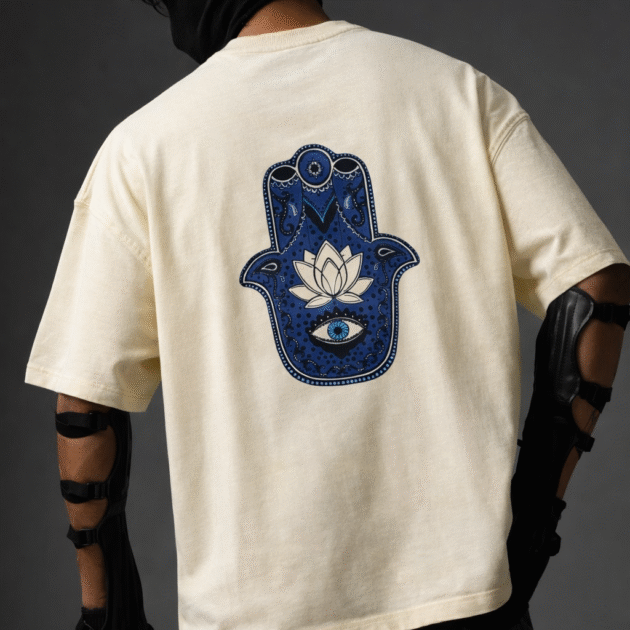 Unisex Oversized Hamsa Hand Evil Eye Lotus Graphic T-Shirt – Off-White