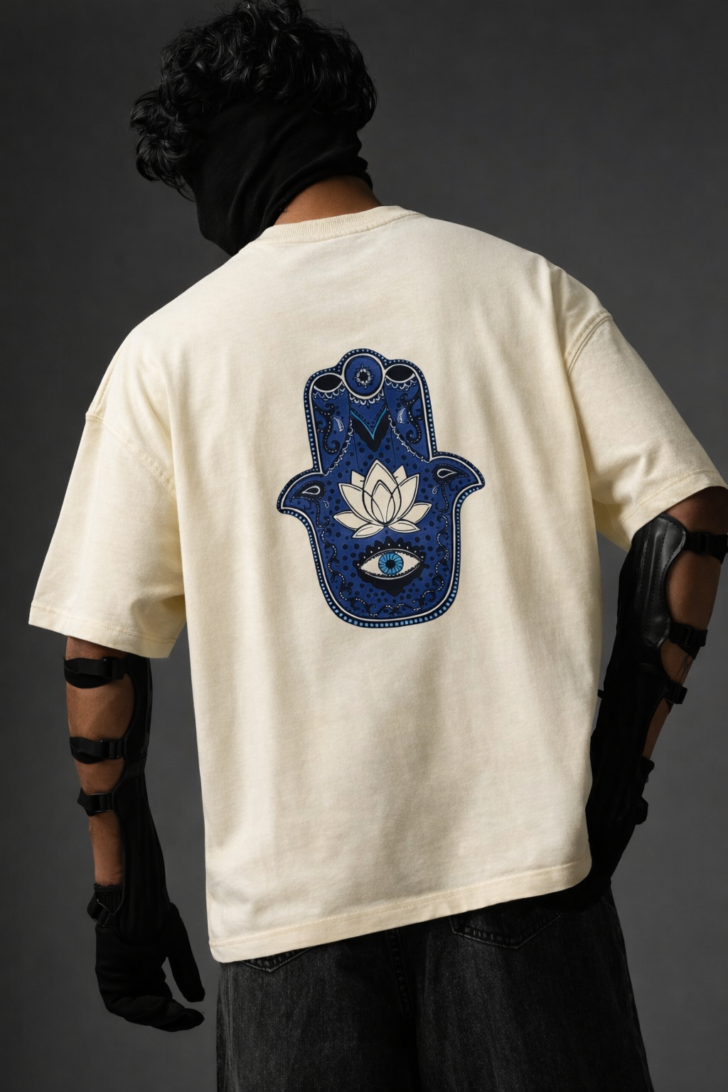 Unisex Oversized Hamsa Hand Evil Eye Lotus Graphic T-Shirt – Off-White